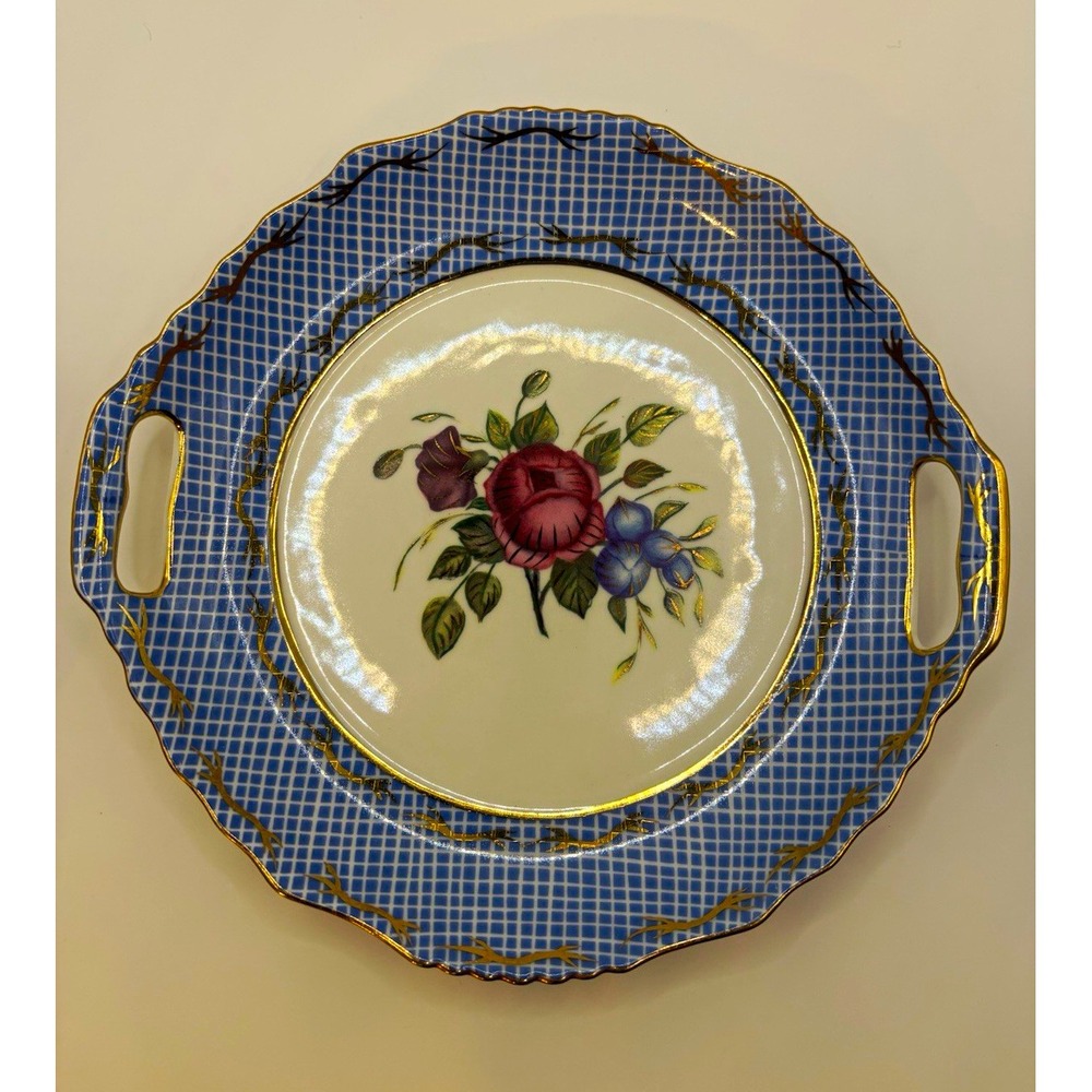 Vintage 1997 Winterthur Enesco Decorative Handled Plate Blue Lattice Floral
